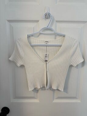 Garage White Ribbed Short Sleeve Cropped Cardigan